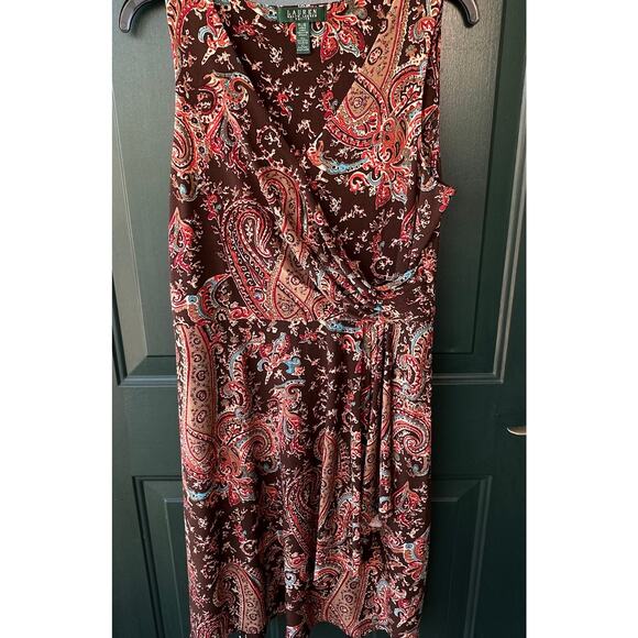 Lauren Ralph Lauren Petite Brown Paisley Midi Dress PL Ruched Sleeveless - Picture 1 of 6